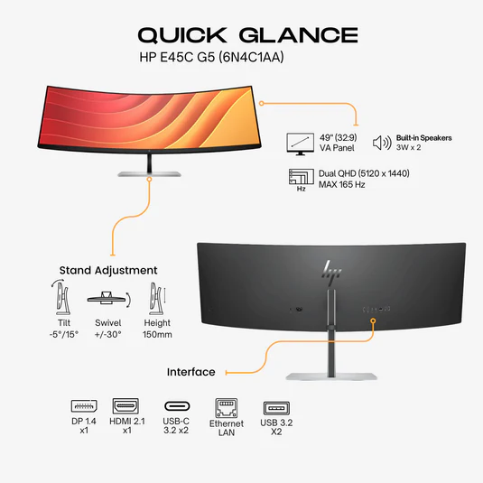 HP 45" E45c G5 Curved DQHD Monitor VA panel 165Hz- HDMI, DP,USB-C (6N4C1AA) - 3 YEARS HP WARRANTY 6N4C1AA - Image 3