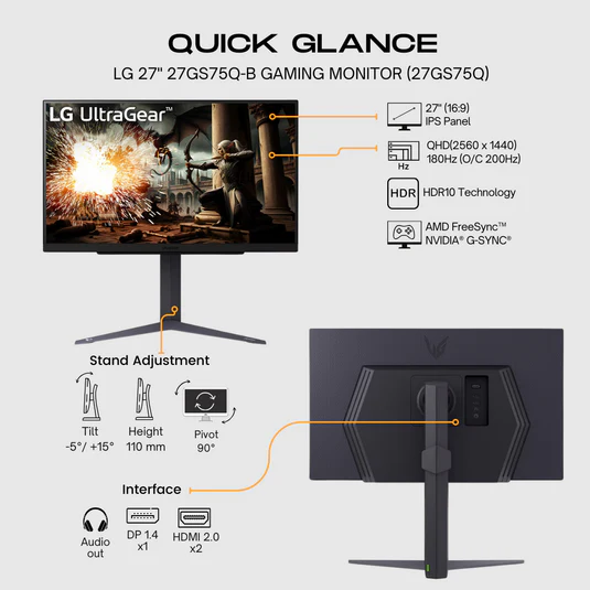 LG UltraGear™ 27GS75Q-B 27" QHD 180Hz IPS Gaming Monitor 27GS75Q-B - Image 5
