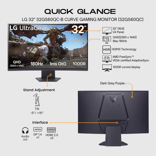 LG UltraGear™ 32GS60QC-B 32" QHD 180Hz Curved Gaming Monitor 32GS60QC-B - Image 6