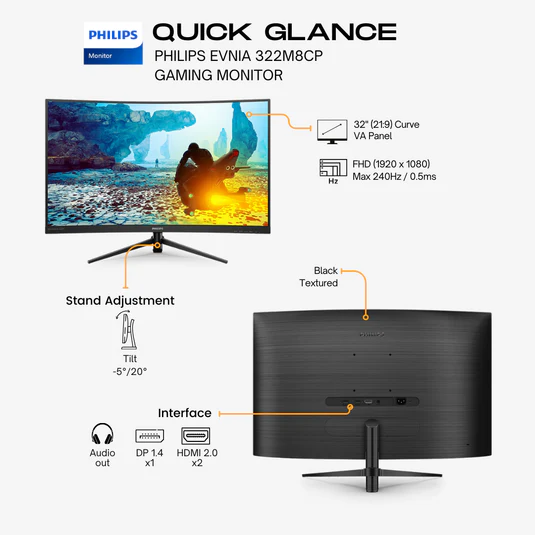 Philips 32" 322M8CP Curved FHD Monitor, VA LCD Panel 240Hz- DP,HDMI 322M8CP/89 - Image 6
