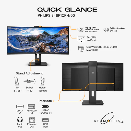 Philips 34" 346P1CRH Curve UltraWide WQHD Monitor VA panel 100Hz- DP, HDMI, USB-C with bulit in Webcam and Speaker 346P1CRH - Image 3
