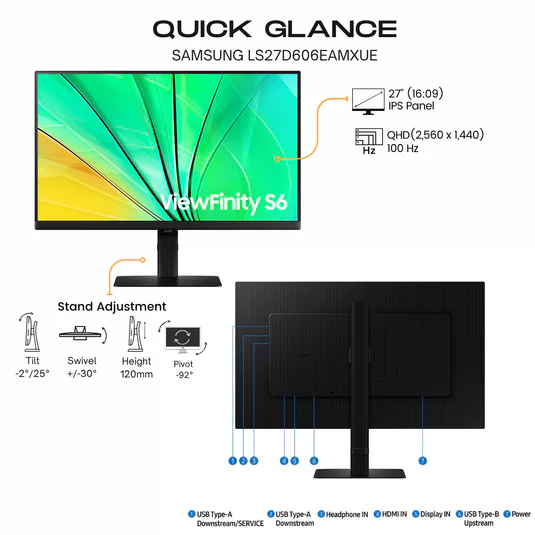 Samsung 27" LS27D606EAMXUE QHD Flat Monitor IPS Panel 100 Hz - HDMI, DP LS27D606EAMXUE - Image 7