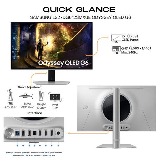 Samsung 27" LS27DG612SMXUE Odyssey OLED G6 G61SD Gaming Monitor - 240Hz, DP,HDMI,USB hub - 1 year Samsung UAE warranty - Image 2